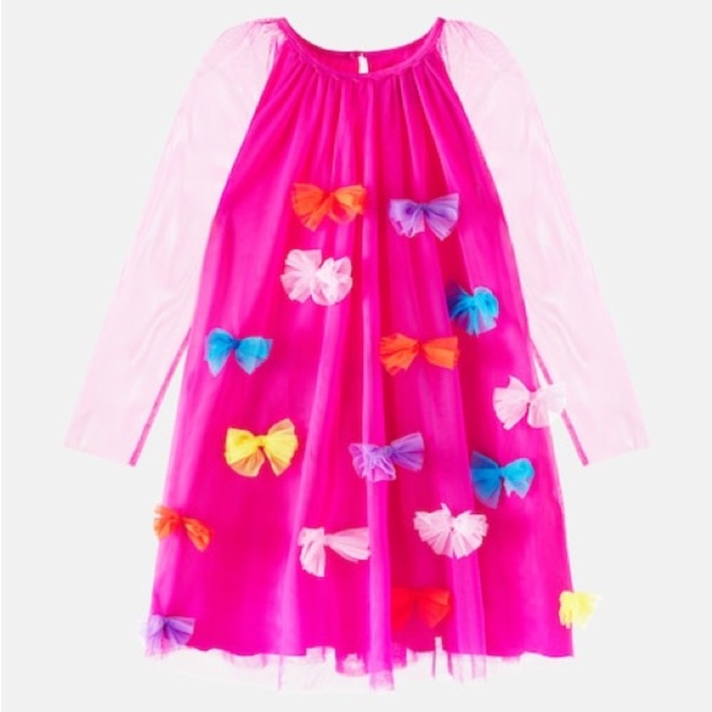 Stella McCartney Kids Hot Pink Mesh Dress with Multicolor Bow Accents
